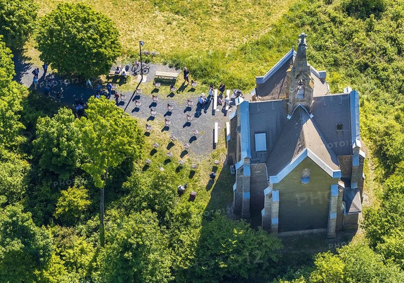 Aerial view, Kreuzberg Chapel, Arnsberg, Sauerland, Hochsauerlandkreis, North Rhine-Westphalia, Germany, place of worship, DE, Europe, place of worship, Chapel of the Seven Sorrows of Mary, church, Kreuzberg, aerial view, aerial photography, aerial photography, Römberg, overview, bird's-eye view, birds-eyes view, neo-Gothic sil, overview