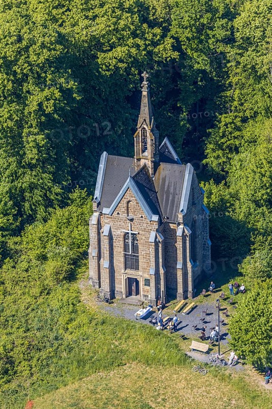 Aerial view, Kreuzberg Chapel, Arnsberg, Sauerland, Hochsauerlandkreis, North Rhine-Westphalia, Germany, place of worship, DE, Europe, place of worship, Chapel of the Seven Sorrows of Mary, church, Kreuzberg, aerial view, aerial photography, aerial photography, Römberg, overview, bird's-eye view, birds-eyes view, neo-Gothic sil, overview
