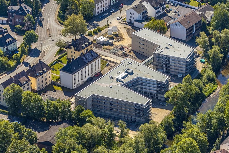 Aerial view, construction site of new care centre, building complex for assisted living, Clemens-August-Straße, Arnsberg, Sauerland, Hochsauerlandkreis, North Rhine-Westphalia, Germany, care and nursing, DE, Europe, aerial view, aerial photography, aerial photography, care facility, retirement home, retirement centre, overview, bird's-eye view, assisted living, birds-eyes view, overview