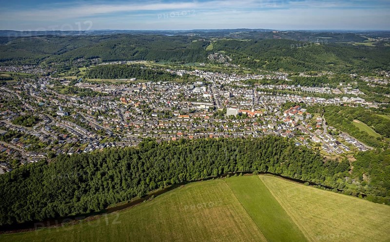 Aerial view, city view, Arnsberg district government, town hall, Arnsberg, forest area, Sauerland, Hochsauerlandkreis, North Rhine-Westphalia, Germany, Arnsberg Forest, DE, Europe, city centre, aerial view, aerial photography, aerial photography, urban area, overview, bird's-eye view, forest, birds-eyes view, overview