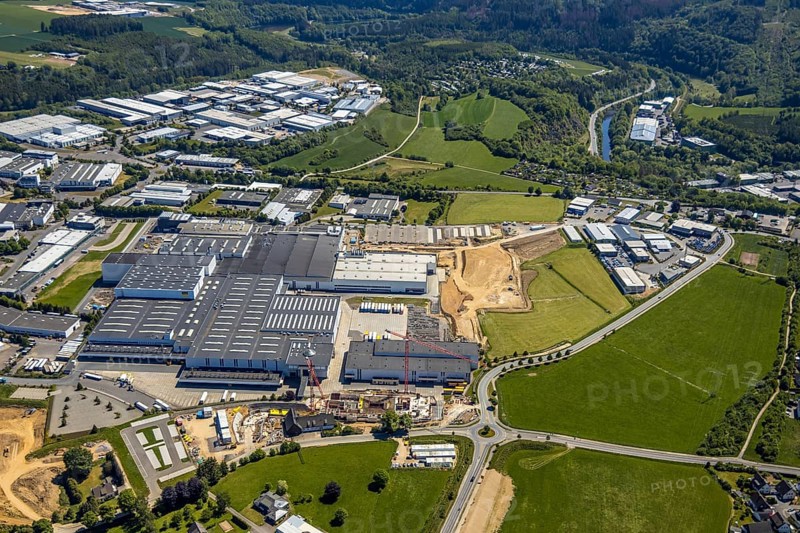 Aerial view, Viega plant Ennest, industrial estate Ennest-Askay, construction site, Attendorn, Sauerland, North Rhine-Westphalia, Germany, DE, Europe, aerial view, aerial photography, aerial photography, overview, bird's-eye view, overview