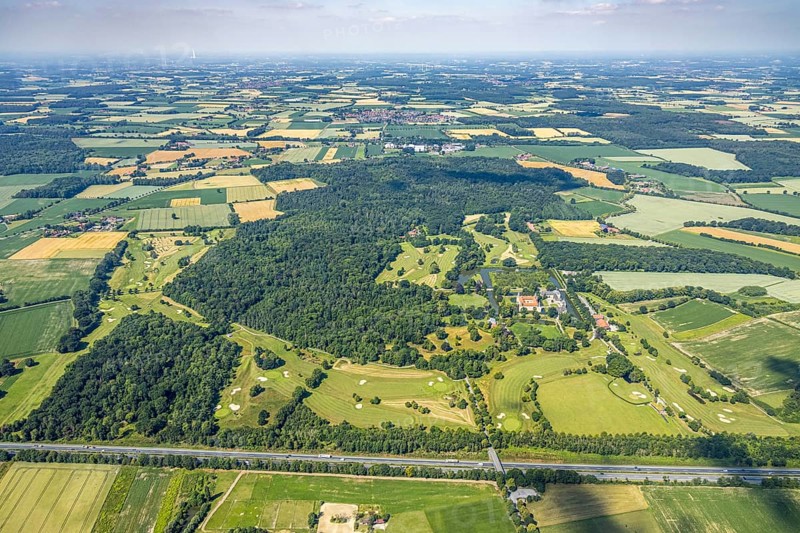 Aerial view, moated castle Westerwinkel, golf course Golfclub Westerwinkel, Ascheberg, Münsterland, North Rhine-Westphalia, Germany, motorway A1, baroque castle, castle, castle complex, DE, English garden, Europe, distant view, golf, golf course, golf club, golf course, moat, farm, agricultural fields, aerial view, aerial photography, aerial photography, parcels, castle, castle Westerwinkel, sight, sport, overview, defence system, bird's eye view, woodland, moated castle, moated castle, meadows and fields, birds-eyes view, historical, overview