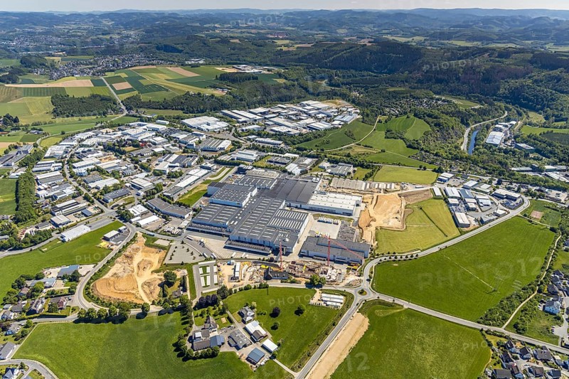 Aerial view, Viega plant Ennest, industrial estate Ennest-Askay, construction site, Attendorn, Sauerland, North Rhine-Westphalia, Germany, DE, Europe, aerial view, aerial photography, aerial photography, overview, bird's-eye view, overview