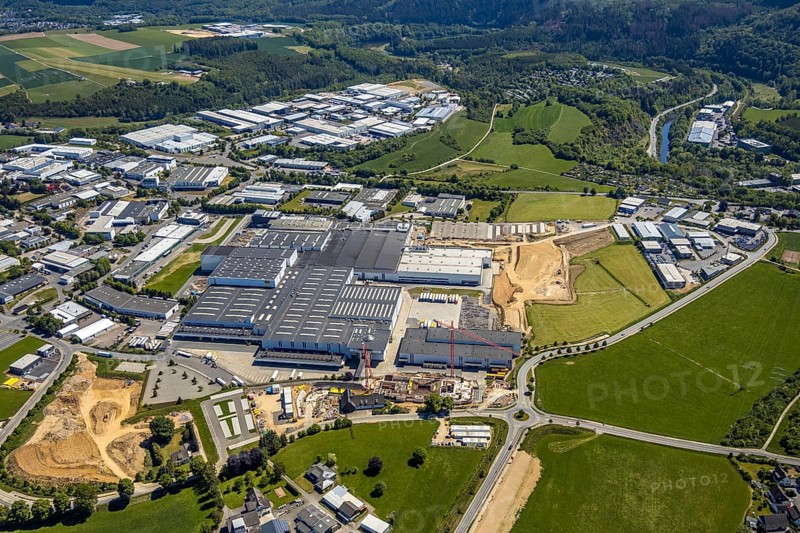 Aerial view, Viega plant Ennest, industrial estate Ennest-Askay, construction site, Attendorn, Sauerland, North Rhine-Westphalia, Germany, DE, Europe, aerial view, aerial photography, aerial photography, overview, bird's-eye view, overview