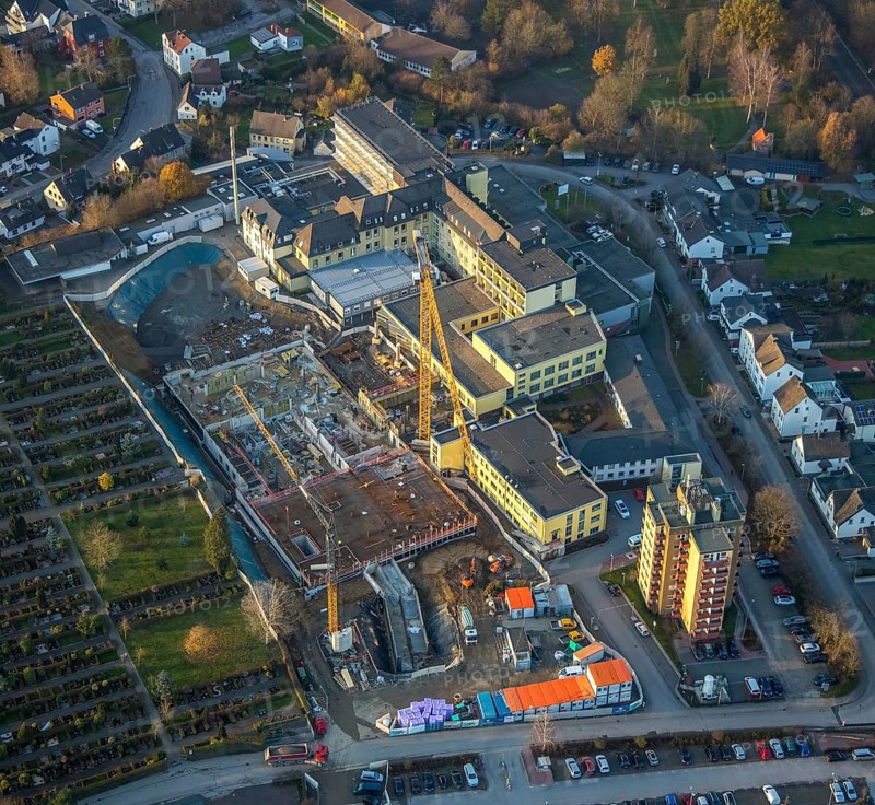 Aerial view, Klinikum Hochsauerland GmbH at Stolte Ley 5 is being expanded, Hüsten, Arnsberg, Sauerland, North Rhine-Westphalia, Germany, DE, Europe, birds-eyes view, aerial photography, aerial photography, aerial photography, overview, bird's eye view