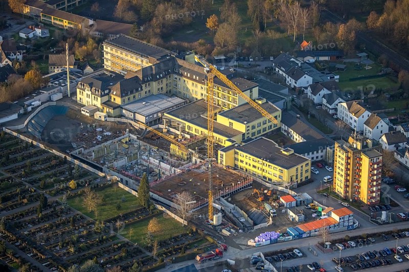 Aerial view, Klinikum Hochsauerland GmbH at Stolte Ley 5 is being expanded, Hüsten, Arnsberg, Sauerland, North Rhine-Westphalia, Germany, DE, Europe, birds-eyes view, aerial photography, aerial photography, aerial photography, overview, bird's eye view