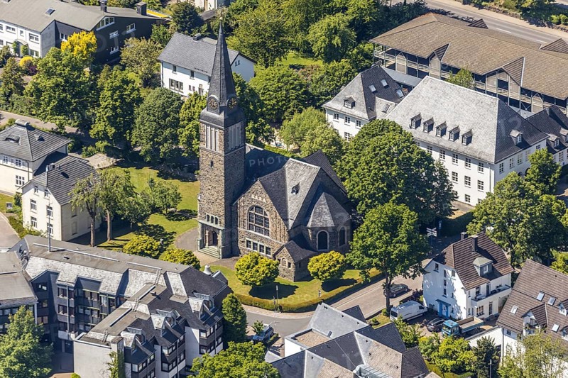 Aerial view, Church of the Redeemer, Church of the Redeemer, Attendorn, Sauerland, North Rhine-Westphalia, Germany, place of worship, DE, monument protection, Europe, religious community, place of worship, church, parish, denomination, aerial photograph, aerial photography, aerial photography, overview, bird's-eye view, overview