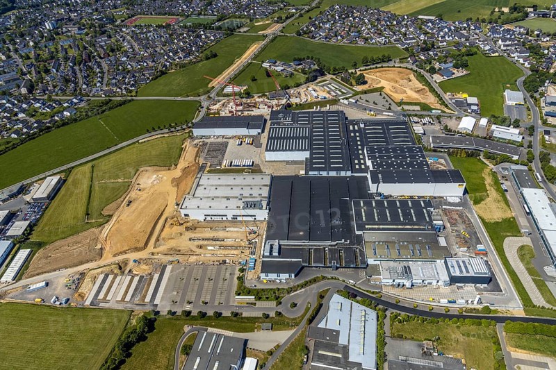 Aerial view, Viega plant Ennest, industrial estate Ennest-Askay, construction site, Attendorn, Sauerland, North Rhine-Westphalia, Germany, DE, Europe, aerial view, aerial photography, aerial photography, overview, bird's-eye view, overview