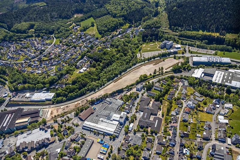 Aerial view, construction area, Greif site, bypass road, Attendorn, Sauerland, North Rhine-Westphalia, Germany, construction site, building plots, Blankenroder Mühle, DE, Europe, aerial view, aerial photography, aerial photography, overview, bird's-eye view, overview