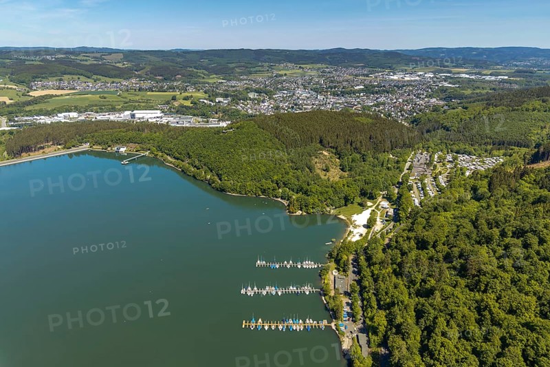 Waldenburger Bucht, Biggesee, Camping Waldenburger Bucht, aerial photo, Biggetalsperre, Attendorn, Sauerland, North Rhine-Westphalia, Germany, boat landing stage, DE, Europe, aerial photo, aerial photography, aerial photography, overview, bird's eye view, birds-eyes view, overview