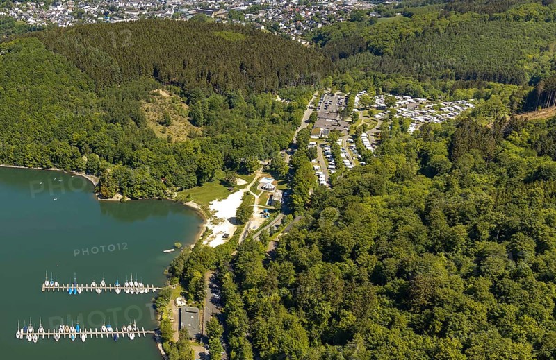 Waldenburger Bucht, Biggesee, Camping Waldenburger Bucht, aerial photo, Biggetalsperre, Attendorn, Sauerland, North Rhine-Westphalia, Germany, boat landing stage, DE, Europe, aerial photo, aerial photography, aerial photography, overview, bird's eye view, birds-eyes view, overview