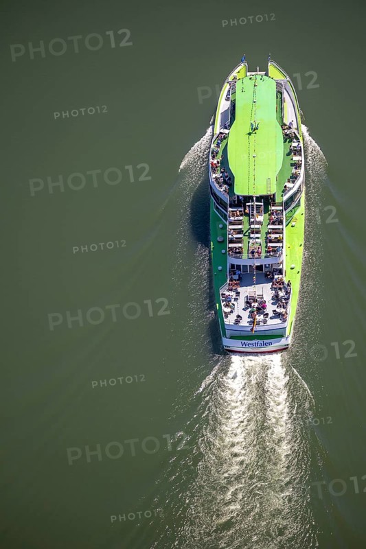 Aerial photo, excursion boat Westfalen on the Biggetalsperre, Attendorn, Sauerland, North Rhine-Westphalia, Germany, excursion trips, excursion boat, Biggesee, Biggetalsperre, DE, Europe, shapes and colours, leisure, aerial photography, aerial photography, aerial photography, passenger boat Biggesee, lake, dam, overview, bird's-eye view, birds-eyes view, overview