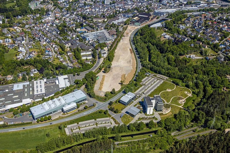 Aerial view, construction area, Greif site, bypass road, Attendorn, Sauerland, North Rhine-Westphalia, Germany, construction site, building plots, Blankenroder Mühle, DE, Europe, aerial view, aerial photography, aerial photography, overview, bird's-eye view, overview