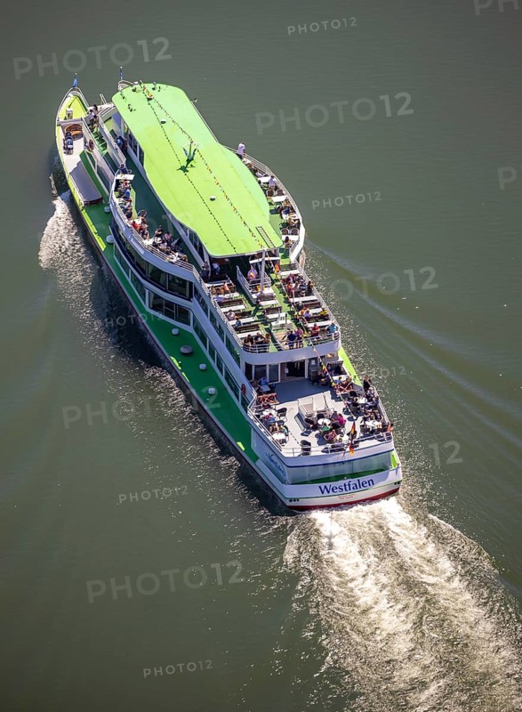 Aerial photo, excursion boat Westfalen on the Biggetalsperre, Attendorn, Sauerland, North Rhine-Westphalia, Germany, excursion trips, excursion boat, Biggesee, Biggetalsperre, DE, Europe, shapes and colours, leisure, aerial photography, aerial photography, aerial photography, passenger boat Biggesee, lake, dam, overview, bird's-eye view, birds-eyes view, overview