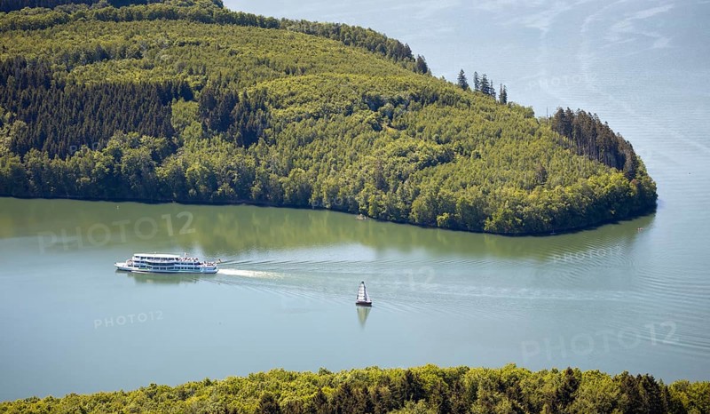 Aerial view, Biggesee, Biggetalsperre, excursion boat, Attendorn, Sauerland, North Rhine-Westphalia, Germany, excursion boat, excursion trips, DE, Europe, island, aerial view, aerial photography, aerial photography, passenger boat Biggesee, sailing boats, overview, bird's-eye view, overview