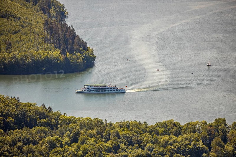 Aerial view, excursion boat Westfalen on the Biggetalsperre, Attendorn, Sauerland, North Rhine-Westphalia, Germany, excursion trips, excursion boat, Biggesee, Biggetalsperre, DE, Europe, shapes and colours, leisure, island, aerial view, aerial photography, aerial photography, passenger boat Biggesee, lake, sailing boat, dam, overview, bird's-eye view, overview