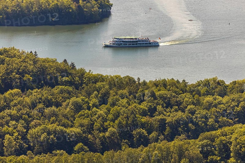 Aerial view, excursion boat Westfalen on the Biggetalsperre, Attendorn, Sauerland, North Rhine-Westphalia, Germany, excursion trips, excursion boat, Biggesee, Biggetalsperre, DE, Europe, shapes and colours, leisure, island, aerial view, aerial photography, aerial photography, passenger boat Biggesee, lake, dam, overview, bird's-eye view, overview