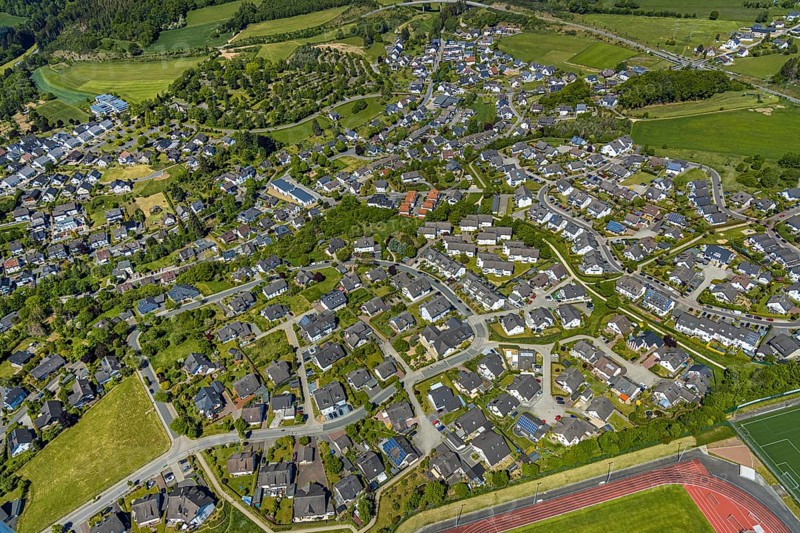 Aerial view, residential area at Hansastadion, Attendorn, Sauerland, North Rhine-Westphalia, Germany, DE, Europe, property tax, real estate, aerial view, aerial photography, aerial photography, overview, bird's-eye view, living and life, residential area, residential buildings, birds-eyes view, overview