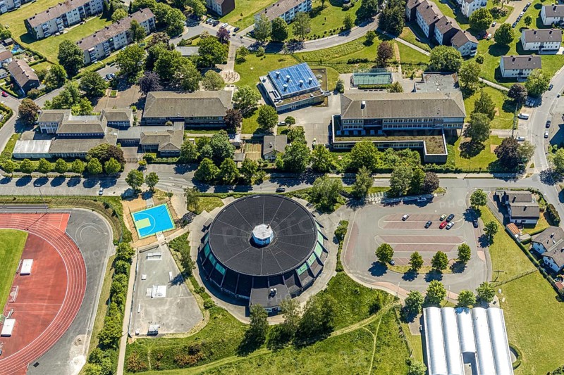 Aerial photo, round gymnasium, music school Attendorn, Hanseschule Attendorn, Attendorn, Sauerland, North Rhine-Westphalia, Germany, education, educational institution, DE, Europe, educational institute, aerial photo, aerial photography, aerial photography, school, sports facilities, sports hall, sports facility, overview, bird's eye view, birds-eyes view, overview