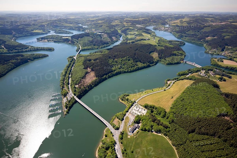 Aerial view, Biggesee, dam, Listertalsperre - dam wall, Yacht-Club Lister am Biggesee, bridge, Attendorn, Sauerland, North Rhine-Westphalia, Germany, Biggetalsperre, boats, jetty, jetty, DE, Europe, national road L512, aerial view, aerial photography, aerial photography, lake, sailing boats, dam wall, overview, bird's-eye view, forest area, yachts, birds-eyes view, overview