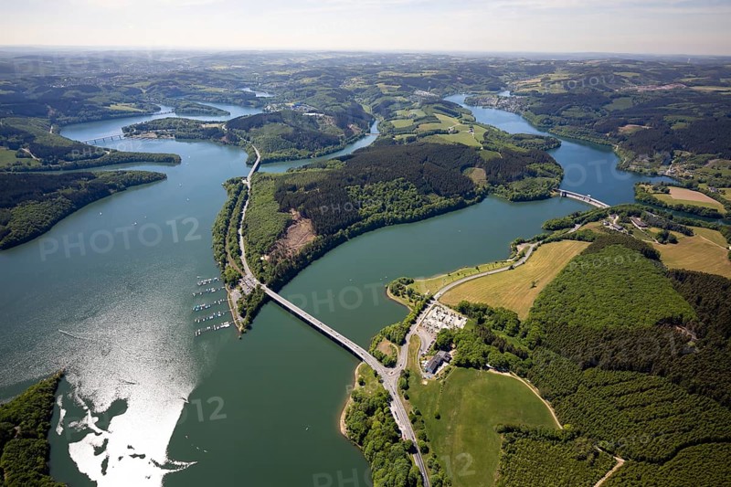 Aerial view, Biggesee, dam, Listertalsperre - dam wall, Yacht-Club Lister am Biggesee, bridge, Attendorn, Sauerland, North Rhine-Westphalia, Germany, Biggetalsperre, boats, jetty, jetty, DE, Europe, national road L512, aerial view, aerial photography, aerial photography, lake, sailing boats, dam wall, overview, bird's-eye view, forest area, yachts, birds-eyes view, overview