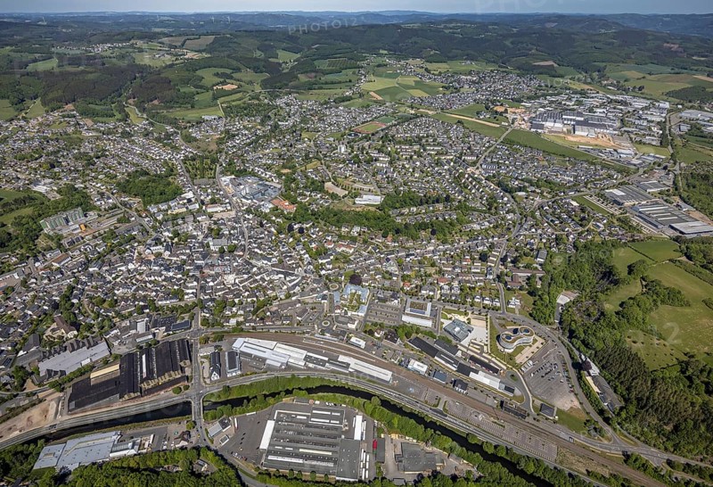 Aerial view, townscape, railway station Attendorn, entrance Attahöhle, industrial area Ennest-Askay, Attendorn, Sauerland, North Rhine-Westphalia, Germany, Attahöhle, railway station, DE, Deutsche Bahn AG, Europe, distant view, gastronomy, health care, HANSE HOTEL Attendorn, Helios Klinik Attendorn, hospital, hotel, hotel facilities, hotel business, city centre, clinic, clinic centre, hospital, aerial view, aerial photography, aerial photography, medical facility, medical assistance, emergency service, local view, sight, urban area, overview, bird's-eye view, birds-eyes view, overview, medical care