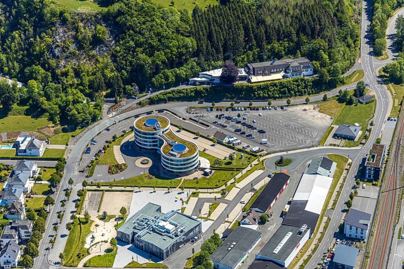 Aerial photo, HANSE HOTEL Attendorn, cave restaurant Himmelreich, Attendorn, Sauerland, North Rhine-Westphalia, Germany, DE, Europe, gastronomy, hotel, hotel facilities, hotel business, aerial photo, aerial photography, aerial photography, overview, bird's-eye view, overview