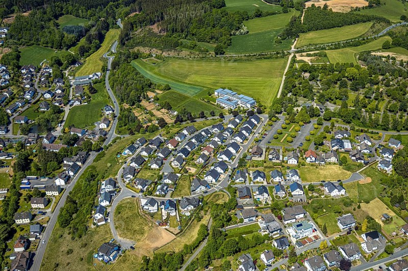 Aerial view, Haus Mutter Anna nursing home, residential area Hahnbeulerkreuz, Attendorn, Sauerland, North Rhine-Westphalia, Germany, care and nursing, DE, Europe, property tax, real estate, aerial view, aerial photography, aerial photography, care facility, nursing home, overview, bird's-eye view, residential complex, living and living, residential area, residential buildings, housing estate, birds-eyes view, overview