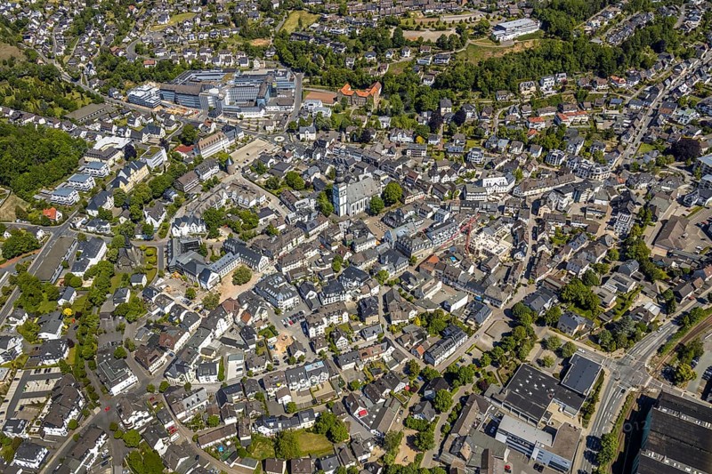 Aerial view, city view, Viega Attendorn Campus, catholic church St. Johannes Baptist, Attendorn, Sauerland, North Rhine-Westphalia, Germany, place of worship, Collegium Bernardinum des Erzbischöfliches Internat für Jungen, DE, Europe, religious community, house of worship, property tax, real estate, church, parish, denomination, aerial view, aerial photography, aerial photography, overview, bird's-eye view, residential area, living and life, residential area, residential buildings, residential neighbourhood, housing estate, birds-eyes view, overview