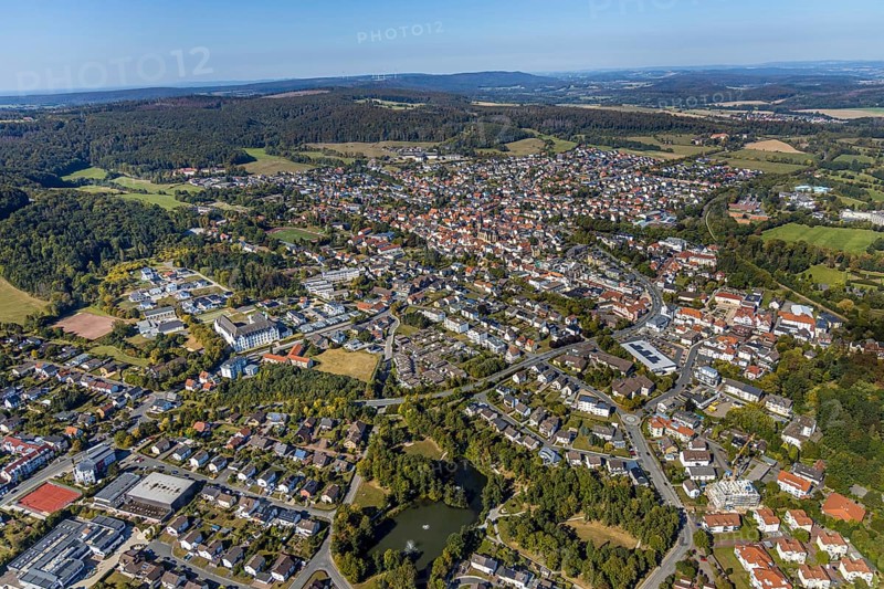Aerial view, town centre, catholic church St. Peter and Paul, Bad Driburg, East Westphalia-Lippe, North Rhine-Westphalia, Germany, place of worship, city, DE, Europe, religious community, place of worship, property tax, holy place, real estate, city centre, church, parish, denomination, aerial view, aerial photography, aerial photography, OLWBUCH, OWL, OWL-Buch, local view, East Westphalia, religion, religious site, townscape, urban area, city centre, overview, bird's-eye view, residential area, living and life, residential area, residential buildings, residential quality, residential quarter, housing estate, birds-eyes view, overview