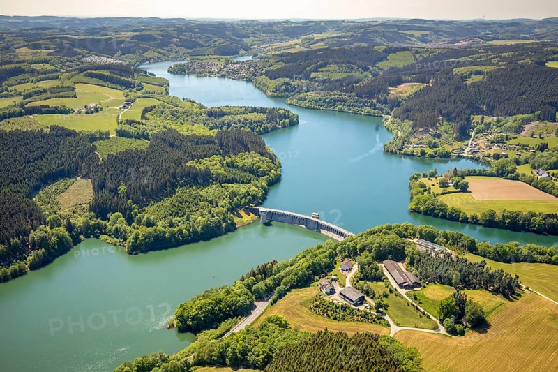 Aerial view, Lister dam, dam wall, Attendorn, Sauerland, North Rhine-Westphalia, Germany, DE, Europe, hilly landscape, aerial view, aerial photography, aerial photography, lake, sight, Lister storage power station, dam, tower, overview, bird's-eye view, meadows and fields, birds-eyes view, overview