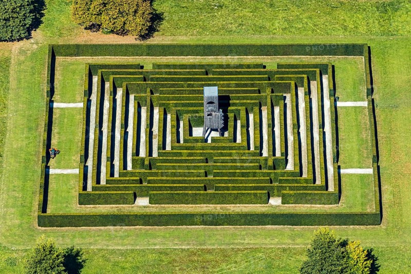 Aerial view, Gräflicher Park Health & Balance Resort, head and body sculpture, walk-in labyrinth, maze, Bad Driburg, East Westphalia-Lippe, North Rhine-Westphalia, Germany, Brunnenallee, DE, Europe, garden, restaurant, gastronomy, hotel, hotel facilities, hotel business, aerial view, aerial photography, aerial photography, OLWBUCH, OWL, OWL-Buch, East Westphalia, park, overview, bird's-eye view, birds-eyes view, overview