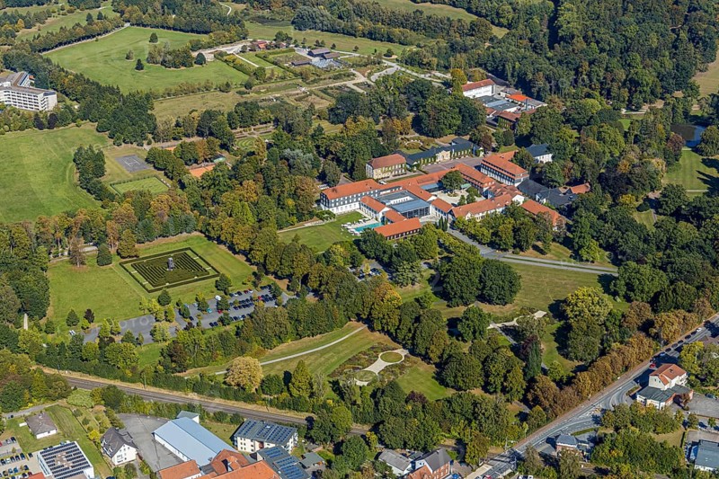Aerial view, Gräflicher Park Health & Balance Resort, Bad Driburg, East Westphalia-Lippe, North Rhine-Westphalia, Germany, Brunnenallee, DE, Europe, restaurant, gastronomy, Gräflicher Park Driburg, hotel, hotel facilities, hotel business, aerial view, aerial photography, aerial photography, OLWBUCH, OWL, OWL-Buch, East Westphalia, park, overview, bird's-eye view, overview