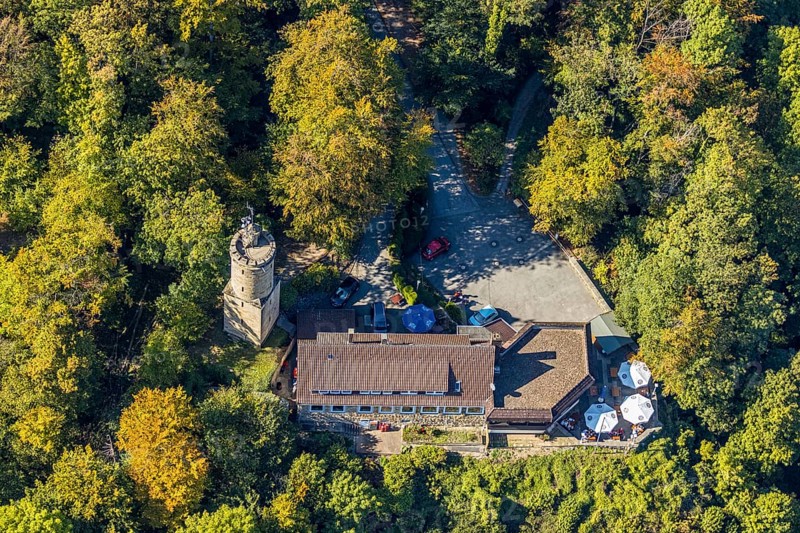 Aerial view, Iburg, Kaiser-Karls-Turm, Sachsenklause, Bad Driburg, Ostwestfalen-Lippe, North Rhine-Westphalia, Germany, beer garden, castle, café, DE, Eggegebirge, Europe, inn, gastronomy, Höhenburg, aerial view, aerial photography, aerial photography, OLWBUCH, OWL, OWL-Buch, East Westphalia, restaurant, ruin, tower, overview, bird's-eye view, forest area, birds-eyes view, historical sight, overview