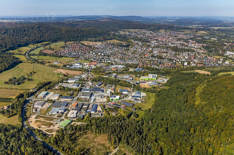 Aerial view, industrial area south, local view, Bad Driburg, East Westphalia-Lippe, North Rhine-Westphalia, Germany, federal road B64, DE, Europe, distant view, commercial enterprises, commercial area, commercial park, commercial location, commercial use, property tax, real estate, industrial area, industrial building, industrial site, aerial view, aerial photography, aerial photography, OLWBUCH, OWL, OWL-Buch, Ostwestfalen, Südenfeldmark, overview, bird's-eye view, forest area, residential area, housing and living, residential area, residential buildings, residential quality, residential neighbourhood, housing estate, birds-eyes view, overview