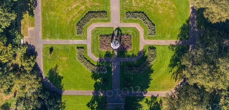 Aerial view, garden, Gräflicher Park Health & Balance Resort, Bad Driburg, Ostwestfalen-Lippe, North Rhine-Westphalia, Germany, flower bed, Brunnenallee, DE, Europe, inn, gastronomy, hotel, hotel facilities, hotel industry, aerial photograph, aerial photography, aerial photography, OLWBUCH, OWL, OWL-Buch, Ostwestfalen, park, rectangular shape, sun roof, overview, bird's eye view, birds-eyes view, overview