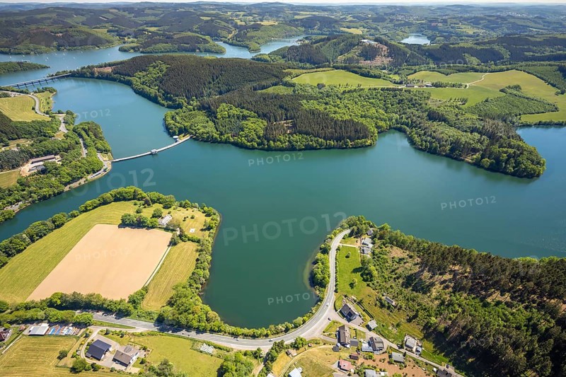 Aerial view, Lister dam, dam wall, Attendorn, Sauerland, North Rhine-Westphalia, Germany, DE, Europe, hilly landscape, aerial view, aerial photography, aerial photography, lake, sight, Lister storage power station, dam, tower, overview, bird's-eye view, meadows and fields, birds-eyes view, overview