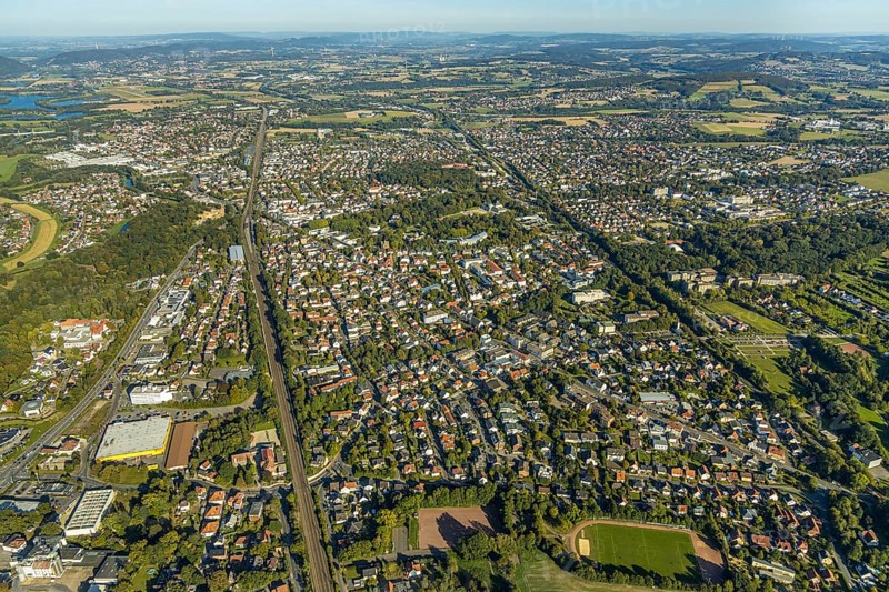 Aerial view, local view, Stadion am Mittelbach, spa garden, Bad Oeynhausen, Ostwestfalen-Lippe, North Rhine-Westphalia, Germany, City, DE, Europe, FC Löhne-Gohfeld, distant view, football pitch, football stadium, football club, property tax, real estate, aerial view, aerial photography, aerial photography, OLWBUCH, OWL, OWL-Buch, East Westphalia, sports, sports facilities, sports field, sports facility, townscape, city area, city centre, overview, bird's-eye view, residential area, housing and living, residential area, residential buildings, residential quality, residential quarter, housing estate, birds-eyes view, overview