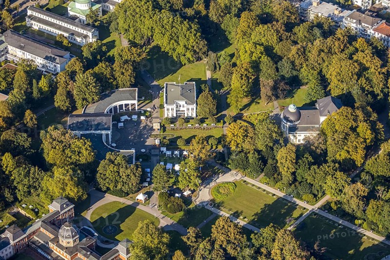 Aerial view, Bad Oeynhausen state bath, Wandelhalle, theatre in the park, spa gardens, Bad Oeynhausen, East Westphalia-Lippe, North Rhine-Westphalia, Germany, DE, Europe, in the spa gardens, culture, art, aerial view, aerial photography, aerial photography, OLWBUCH, OWL, OWL-Buch, East Westphalia, park, play, theatre, overview, events, venue, event location, bird's-eye view, birds-eyes view, cultural use, overview