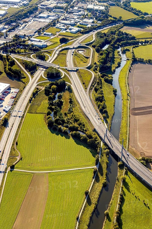 Aerial view, motorway bridge of the A30 motorway over the river Werre, motorway junction Gohfeld, federal road B61, Löhne, East Westphalia-Lippe, North Rhine-Westphalia, Germany, motorway, bridge, DE, Europe, aerial view, aerial photography, aerial photography, OLWBUCH, OWL, OWL-Buch, East Westphalia, overview, bird's eye view, previous motorway junction Löhne, overview
