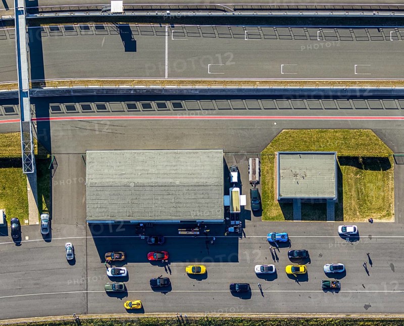 Aerial view, Bilster Berg race track, paddock, racing cars, Pömbsen, Bad Driburg, East Westphalia-Lippe, North Rhine-Westphalia, Germany, racetrack, Bilster Berg, pit halls, DE, Europe, aerial view, aerial photography, aerial photography, motorsport, OLWBUCH, OWL, OWL-Buch, East Westphalia, racing, race track, circuit, overview, bird's-eye view, forest area, birds-eyes view, overview