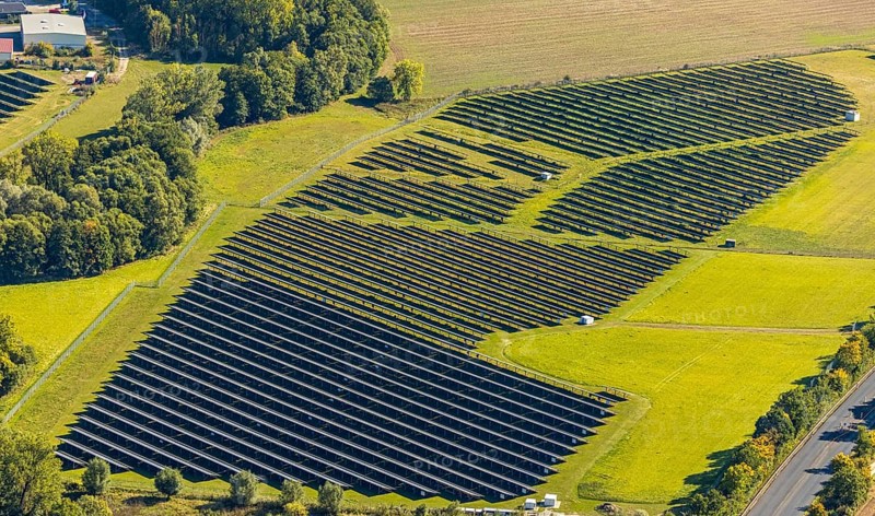 Aerial view, solar park, at the federal road B64, Herste, Bad Driburg, Ostwestfalen-Lippe, North Rhine-Westphalia, Germany, DE, Europe, shapes and colours, open space photovoltaic plant, aerial view, aerial photography, aerial photography, OLWBUCH, OWL, OWL-Buch, Ostwestfalen, photovoltaic, photovoltaic plant, solar, solar plant, solar energy, solar power plant, solar energy, overview, bird's eye view, birds-eyes view, overview