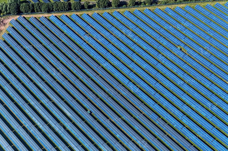 Aerial view, solar park, at the federal road B64, Herste, Bad Driburg, Ostwestfalen-Lippe, North Rhine-Westphalia, Germany, DE, Europe, shapes and colours, open space photovoltaic plant, aerial view, aerial photography, aerial photography, OLWBUCH, OWL, OWL-Buch, Ostwestfalen, photovoltaic, photovoltaic system, solar, solar system, solar energy, solar power plant, solar energy, overview, bird's-eye view, birds-eyes view, overview, alternative energy, renewable energy, solar panel