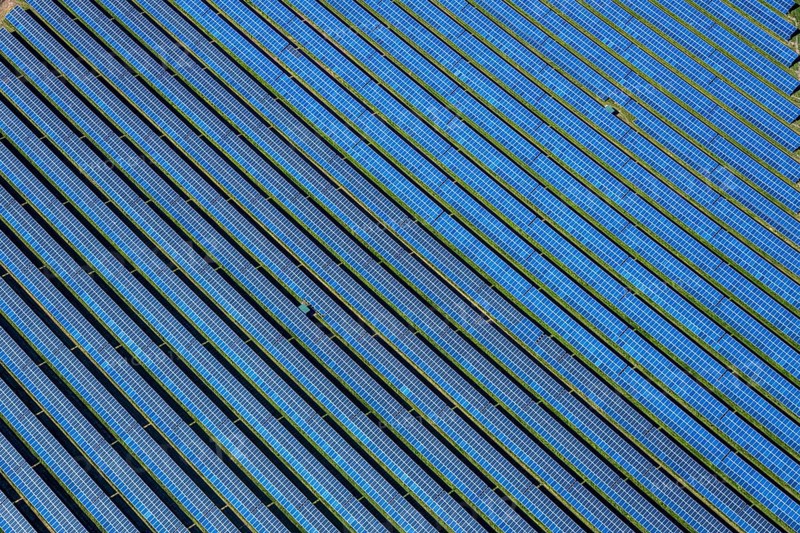 Aerial view, solar park, at the federal road B64, Herste, Bad Driburg, Ostwestfalen-Lippe, North Rhine-Westphalia, Germany, DE, Europe, shapes and colours, open space photovoltaic plant, aerial view, aerial photography, aerial photography, OLWBUCH, OWL, OWL-Buch, Ostwestfalen, photovoltaic, photovoltaic system, solar, solar system, solar energy, solar power plant, solar energy, overview, bird's-eye view, birds-eyes view, overview, alternative energy, renewable energy, solar panel