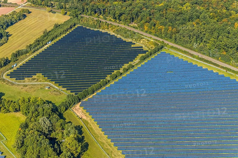 Aerial view, solar park, at the federal road B64, Herste, Bad Driburg, Ostwestfalen-Lippe, North Rhine-Westphalia, Germany, DE, Europe, shapes and colours, open space photovoltaic plant, aerial view, aerial photography, aerial photography, OLWBUCH, OWL, OWL-Buch, Ostwestfalen, photovoltaic, photovoltaic system, solar, solar system, solar energy, solar power plant, solar energy, overview, bird's-eye view, birds-eyes view, overview, alternative energy, renewable energy, solar panel