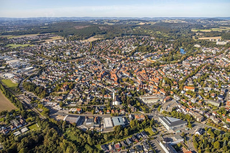 Aerial view, local view, Bad Salzuflen, Ostwestfalen-Lippe, North Rhine-Westphalia, Germany, place of worship, City, DE, Europe, distant view, religious community, place of worship, holy place, city centre, church, parish, denomination, aerial view, aerial photography, aerial photography, OLWBUCH, OWL, OWL-Buch, Ostwestfalen, religion, religious place, townscape, city area, city centre, overview, bird's-eye view, forest area, birds-eyes view, overview