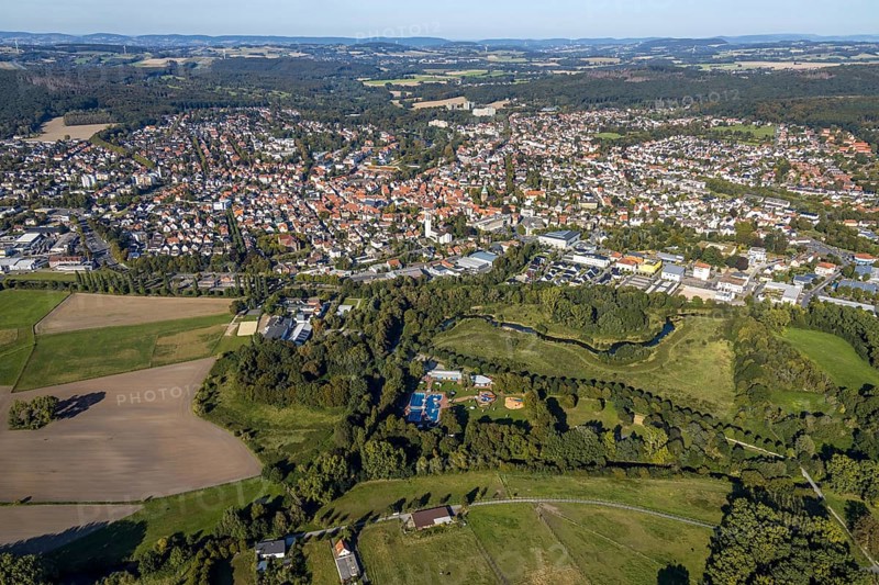 Aerial view, Bega Bad, town view, river Bega, Bad Salzuflen, East Westphalia-Lippe, North Rhine-Westphalia, Germany, bathing establishment, bathing resort, Begakamp, DE, adventure pool, Europe, distant view, outdoor pool, leisure, leisure pool, sunbathing lawn, aerial view, aerial photography, aerial photography, OLWBUCH, OWL, OWL-Buch, Ostwestfalen, swimming pool, swimming pleasure, townscape, city area, city centre, overview, bird's-eye view, water fun, bathing, birds-eyes view, overview, swimming