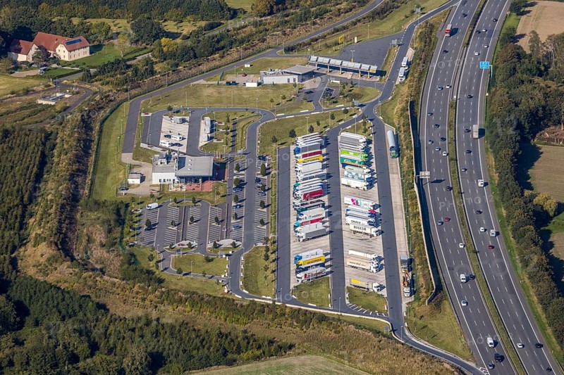 Aerial view, motorway service area Lipperland Nord, Lockhausen, Bad Salzuflen, Ostwestfalen-Lippe, North Rhine-Westphalia, Germany, motorway A2, DE, Europe, truck parking, aerial view, aerial photography, aerial photography, OLWBUCH, OWL, OWL-Buch, Ostwestfalen, rest area, rest stop, road traffic, overview, bird's eye view, birds-eyes view, overview