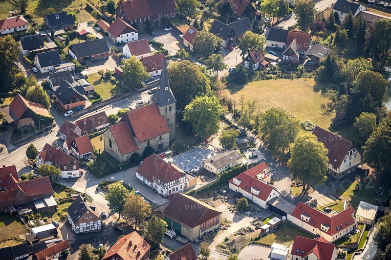 Aerial view, Church of St. Pantaleon Lohne, Lohne, Bad Sassendorf, District of Soest, North Rhine-Westphalia, Germany, place of worship, DE, Europe, religious community, place of worship, sacred site, church, parish, denomination, District of Soest-Buch, District of Soest-Buch, aerial view, aerial photography, aerial photography, religion, religious site, pond road, overview, bird's-eye view, overview