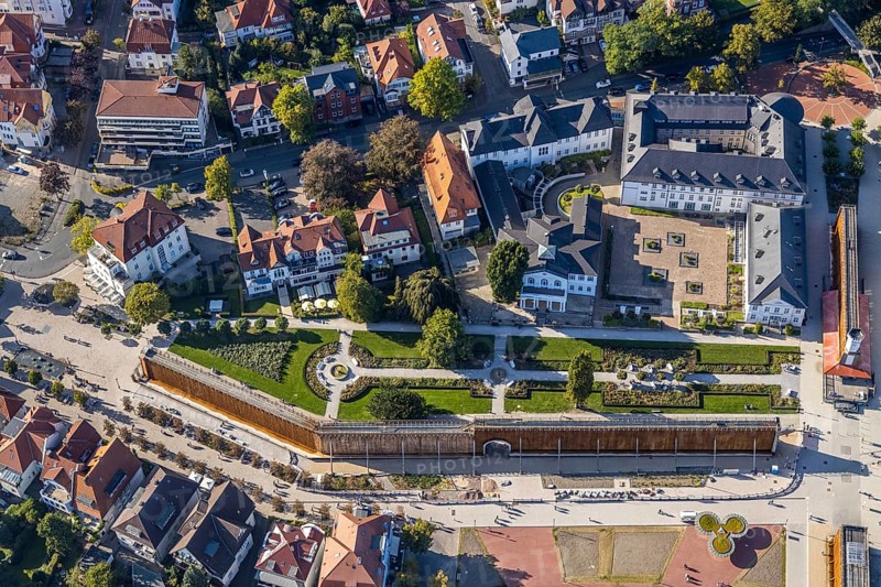 Aerial photo, graduation works Bad Salzuflen, rose garden, Bad Salzuflen, East Westphalia-Lippe, North Rhine-Westphalia, Germany, DE, Europe, graduation works, aerial photo, aerial photography, aerial photography, OLWBUCH, OWL, OWL-Buch, East Westphalia, Parkstraße, thermal bath, overview, bird's-eye view, overview